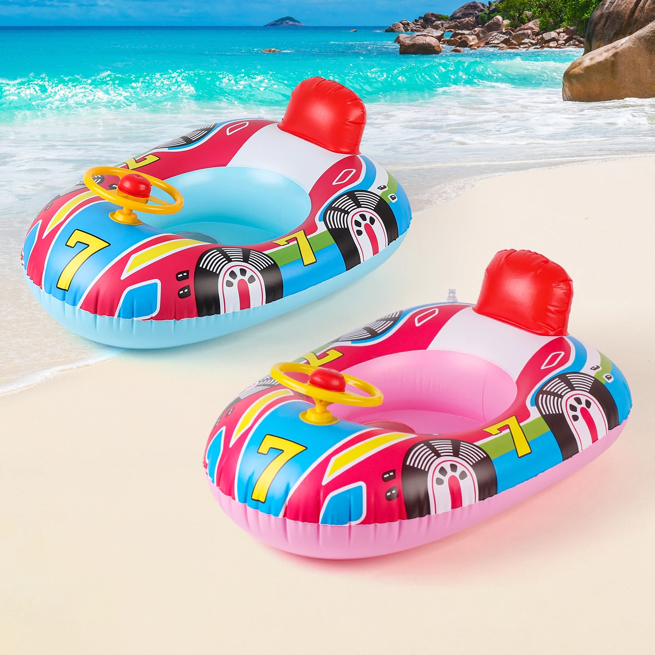 1PC Schwimmbad Float Ring Sitz, niedliche auto-förmige aufblasbare Sommer Strand Pool Rohr mit Griffen (blau und rosa) Image