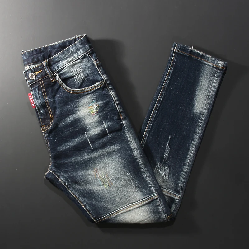Streetwear Fashion Männer Jeans Retro Schwarz Blau Elastische Slim Fit Zerrissene Jeans Männer Gespleißt Designer Stickerei Hip Hop Denim Hosen