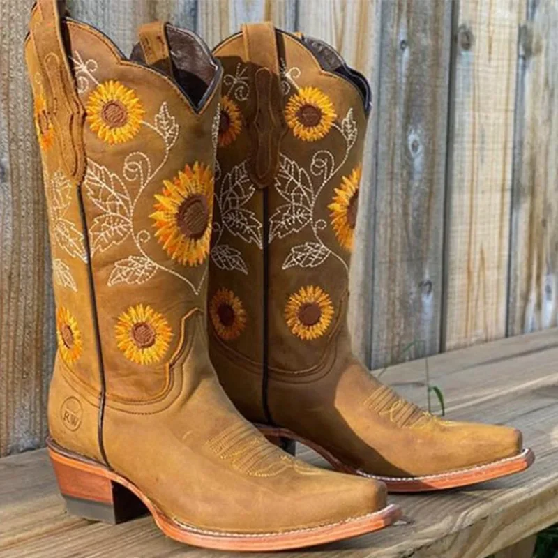 Neue Damen-Stiefel mit kaffeebrauner Stickerei, PU-Leder, bedruckt, Western-Cowboystiefel, tiefer V-Ausschnitt, hohe Röhre, Freizeitstiefel, klassisch