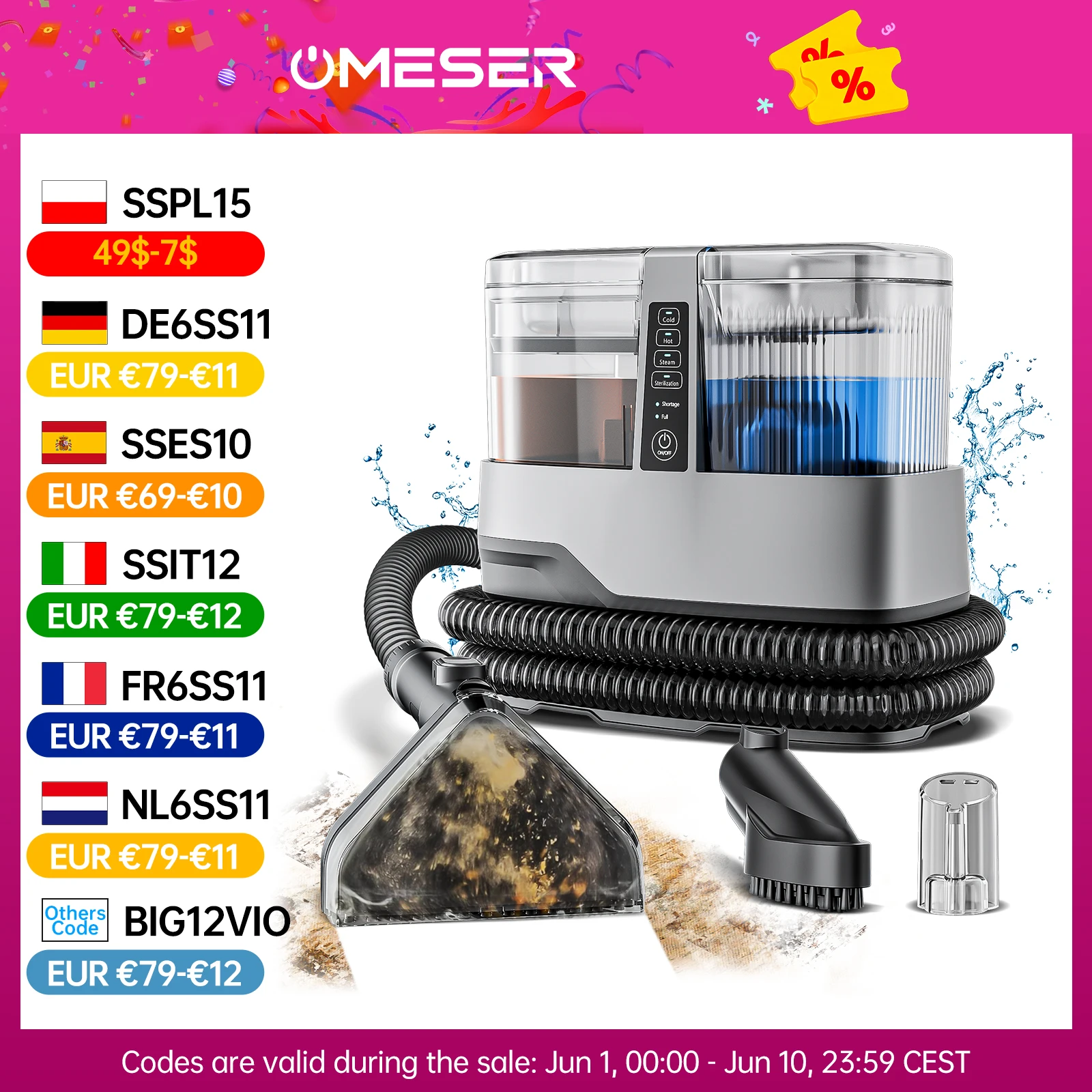 OMESER C688A Teppichreiniger-Maschine, 600 W, 17 kPa, Leistungsabsaugung, Handfleck, Tiefenreinigung, nasser Stoff, Sofa, Autositz, Haustierflecken Image