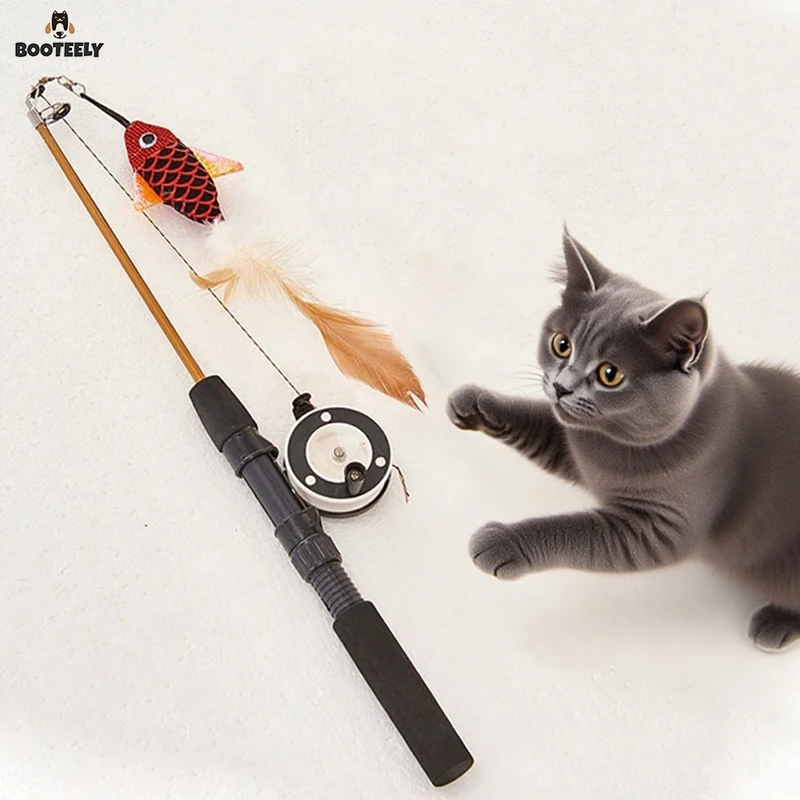 BOOTEELY Versenkbare Katze Spielzeug Fisch Typ Teleskop Federn Lustige Katze Stick Spielzeug Haustier Spielzeug für Kätzchen Stangen Simulation Angelrute Image