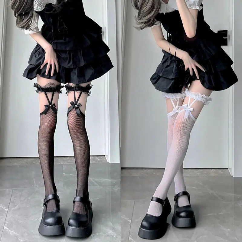 Lolita-Socken, Strümpfe, warm, oberschenkelhoch, Lolita-Schleife über dem Knie, lange Röhrensocken, JK-Mädchen, Lolita-Netzgarn, Baumwolle, JK-Strümpfe Image