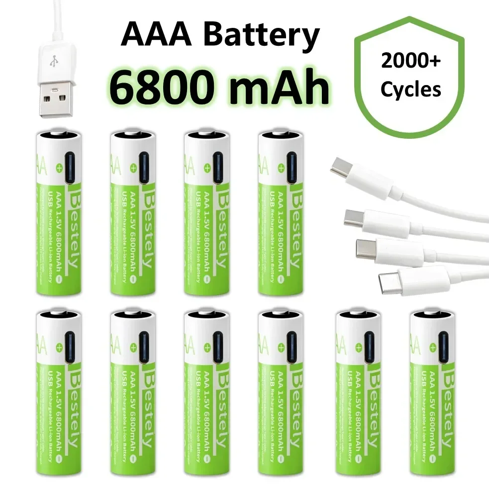 2025 Pro 1,5 V AAA 6800 mAh wiederaufladbarer Akku, Typ-C-Schnelllade-Li-Ionen-Akkus, 2000-Zyklen-LED-Anzeige mit kostenlosem Kabel Image