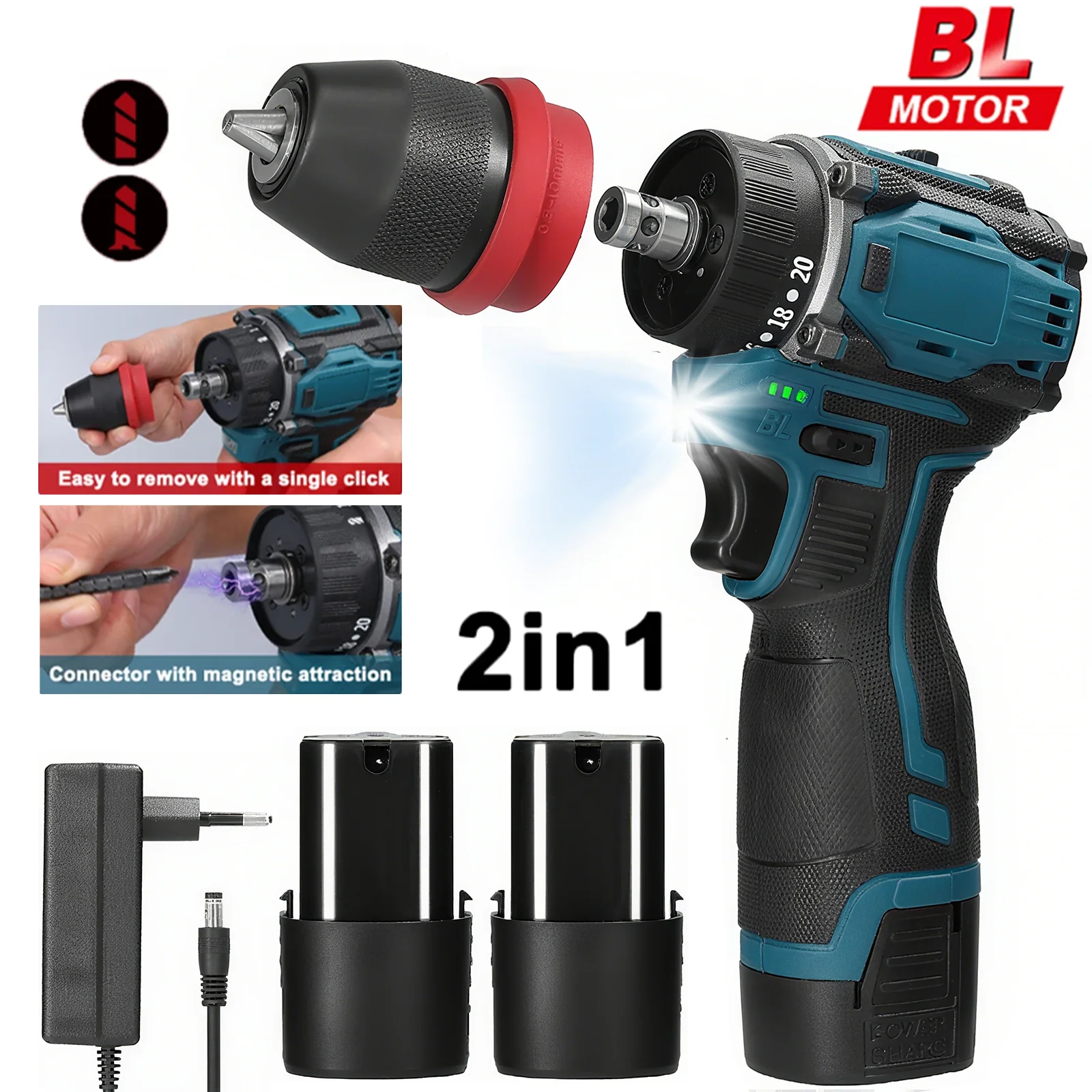 2in1 Akku-Elektroschrauber Bohrer Bürstenloser Motor 45/55 Nm Drehmoment Stufenlose Geschwindigkeitsregelung Hand-Lithium-Treiber-Bohrmaschine Image