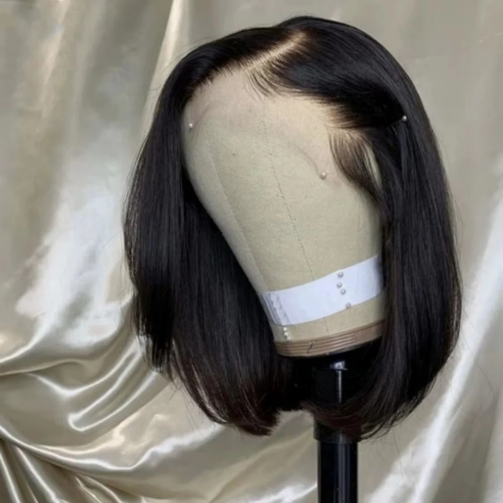 Vorgezupfte schwarze gerade Bob-Perücke, 30,5 x 10,2 cm, 13 x 4, 4 x 4-Verschluss, Spitze-Frontalknochen, gerade, kurze Bob-Perücke, 100 % Echthaar