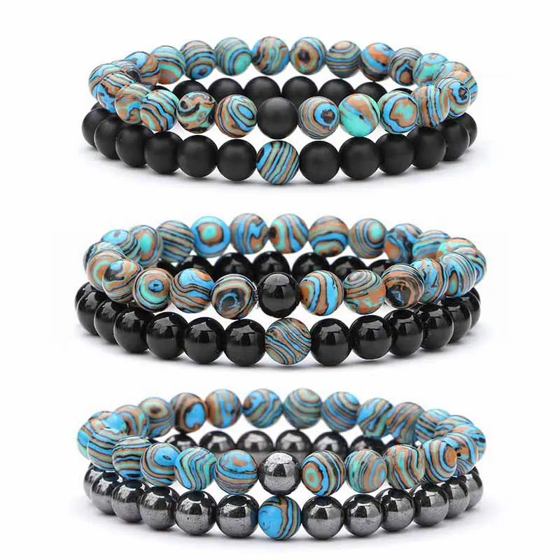 2 teile/los von naturstein armband paar klassische schwarz matte blau malachit armband, geeignet für männer und frauen beste geschenk Image