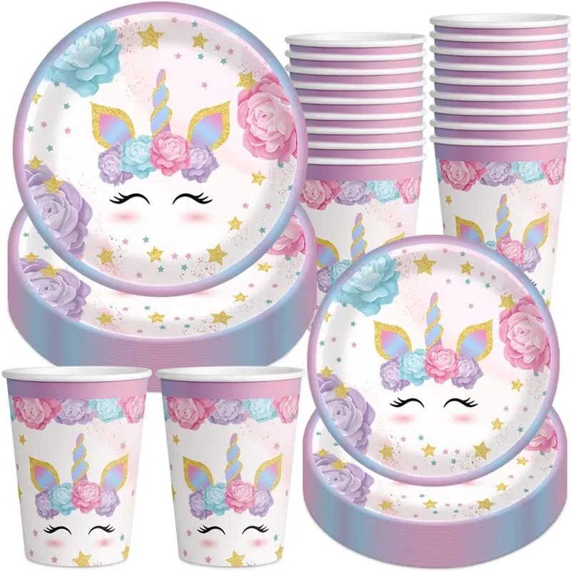 Einhorn Geburtstag Party Einweg Tasse Teller Serviette Dekoration Glücklicher Kindertag Mädchen Prinzessin Baby Shower Party Supplies Geschenk
