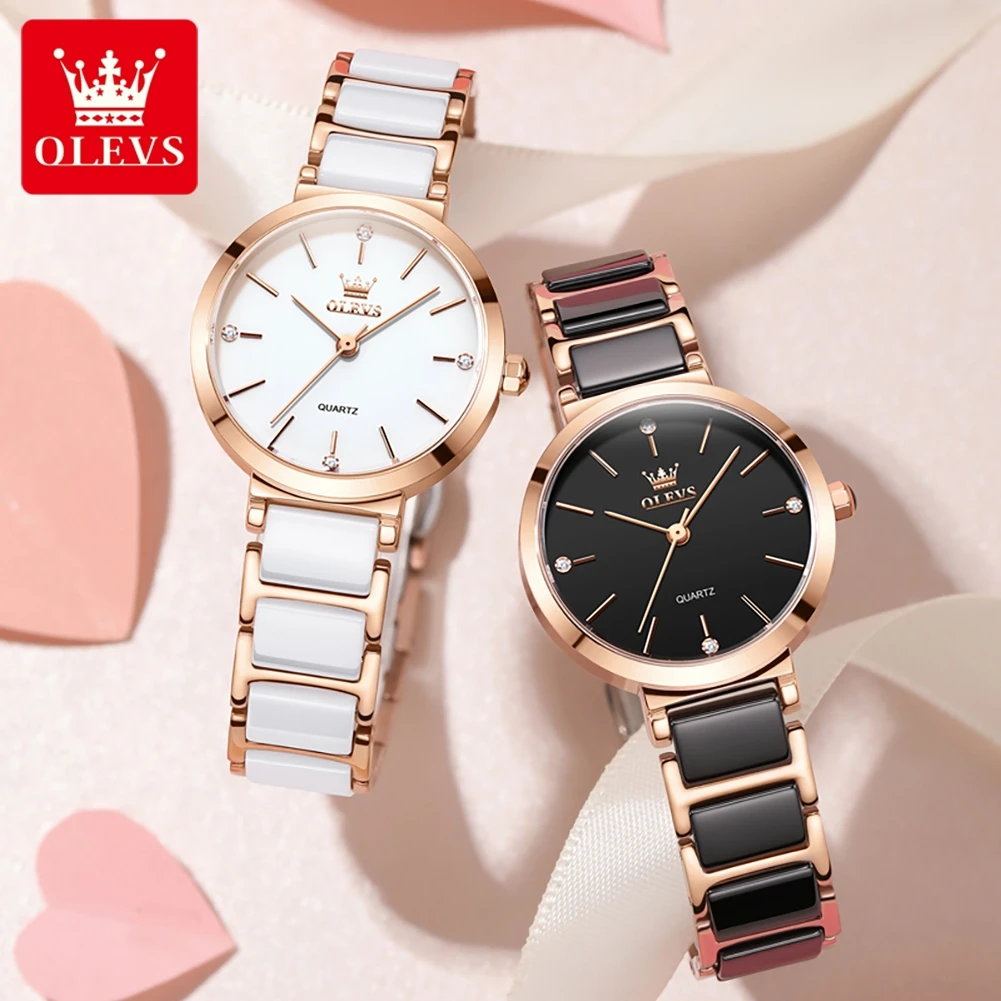 OLEVS 5877 Frauen Uhr Luxus Quarzuhr Exquisite Elegante Rose Gold Keramik Uhr Marke Wasserdichte Kleid Frauen Relogio Mujer