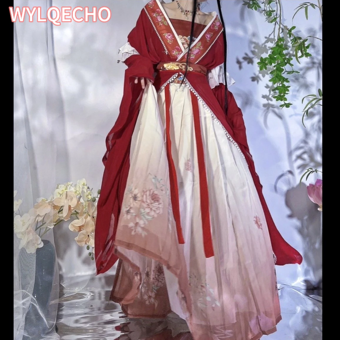 Retro Chinesischen Stil Rot Vestido Hanfu Kleid Cosplay Frauen Traditionellen Druck Langen Rock 5-teiliges Set Elegante Mädchen Party Rock set