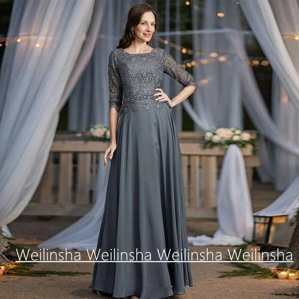 Vintage-Kleid für die Brautmutter aus Spitzen-Chiffon, maßgeschneidert, U-Ausschnitt, 3/4-Ärmel, Perlengürtel, A-Linie, Hochzeitsgastkleid