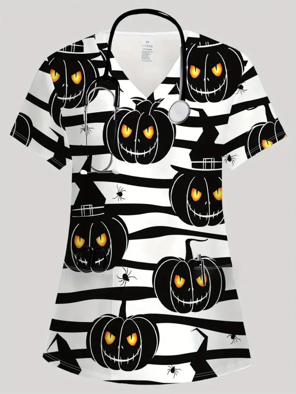 Halloween Medizinische Uniform Frau Kürbis Geist 3D Druck Sommer Casual V-ausschnitt mit Taschen Krankenschwester Mode Kurzarm Scrubs Frau Image