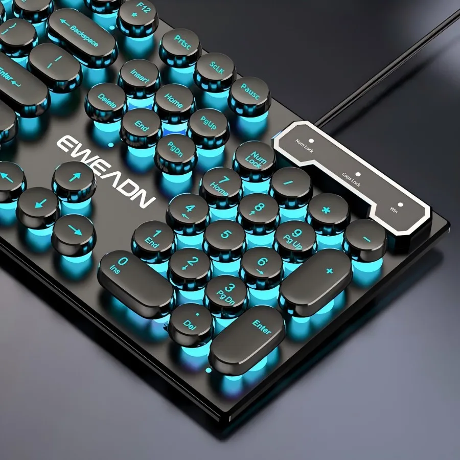 EWEADN Schreibmaschinen-Gaming-Tastatur, 104-Tasten, runde Retro-Punk-Tastenkappen, blaue Hintergrundbeleuchtung, USB-Kabel, für Windows-PC/Laptop Image