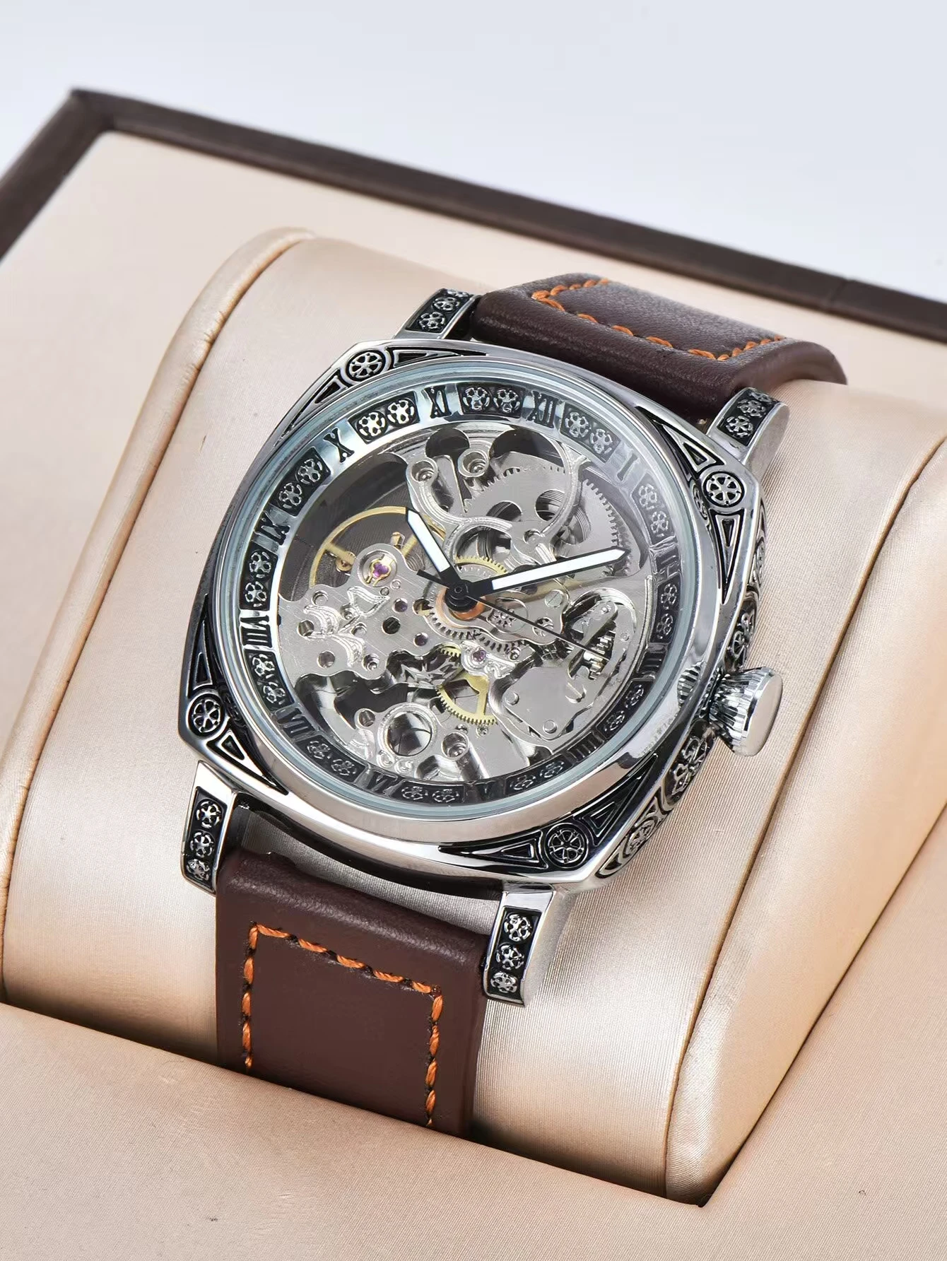 Herren-Automatikuhr im Retro-Stil, mechanische Uhren, skelettiert, wasserdichtes Leder, kein Logo, Herrenuhr, Geschenk für Freunde Image