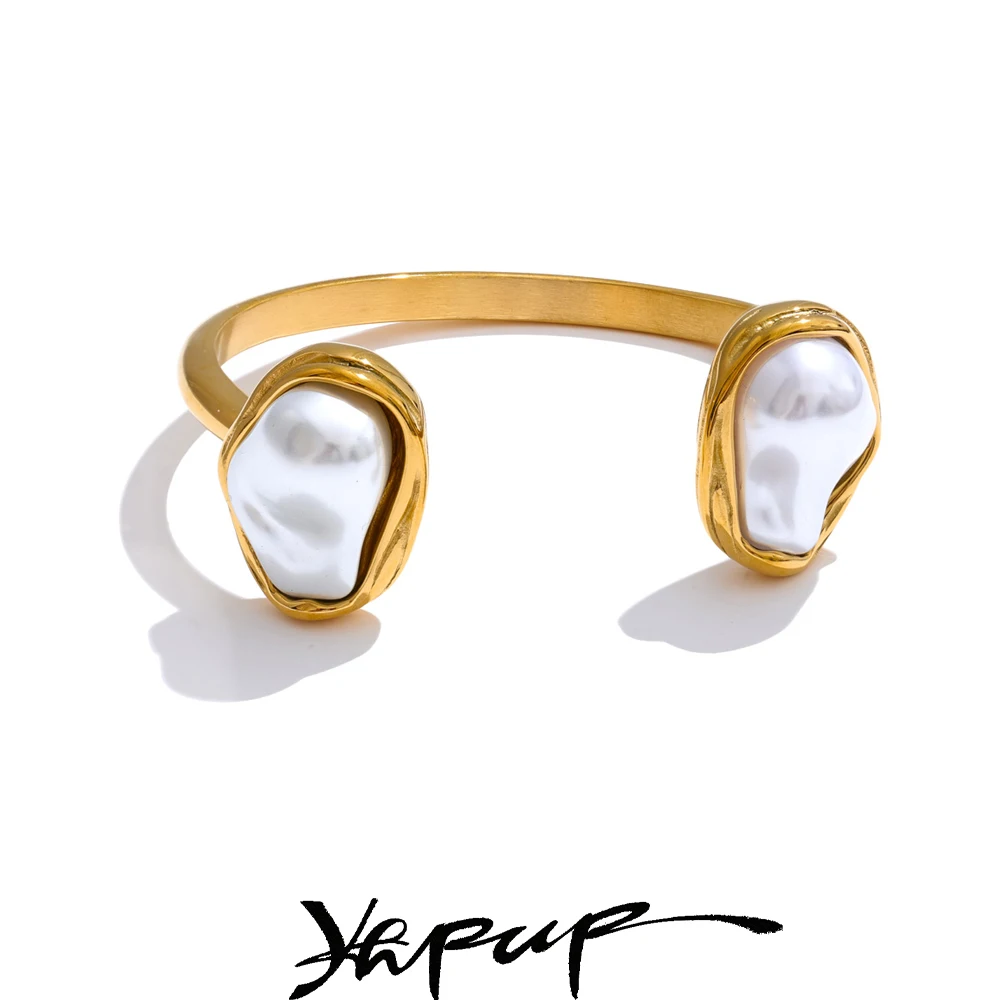 Yhpup 59mm Edelstahl Barock Simulierte Perlen Manschette Armband Armreif Anlauffeständig Gold Farbe Handgelenk Schmuck Neue Image