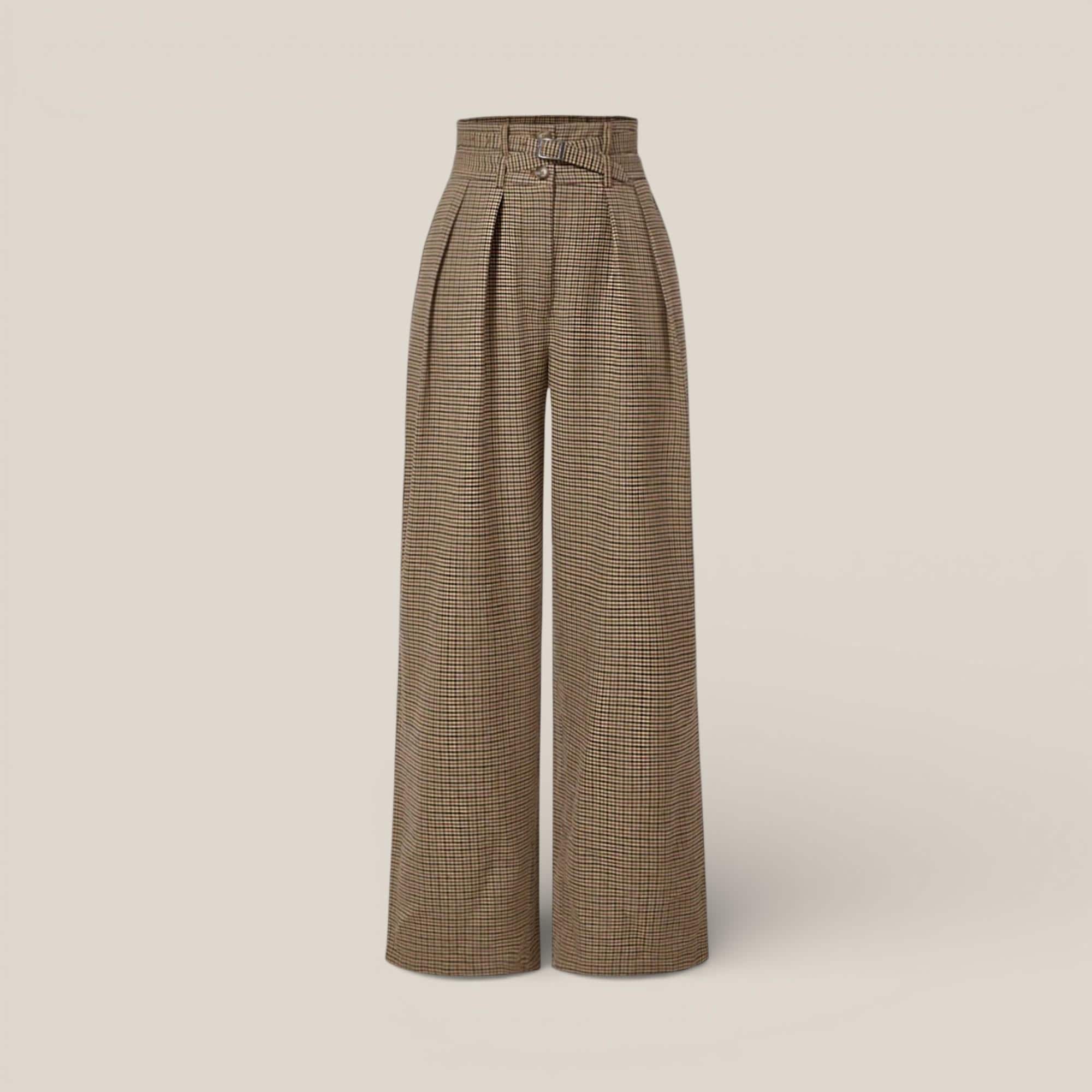 Hoch taillierte karierte Hose, Faltenhose mit weitem Bein, Elegante Böden mit Braunen Karos