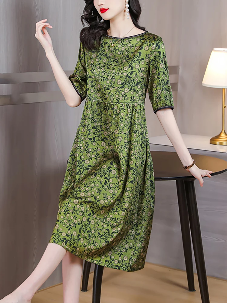 Frauen grün Blumen Seide Satin Midi Kleid Sommer Mode Kurzarm lose Taille Kleid 2024 koreanische Vintage Luxus elegantes Kleid