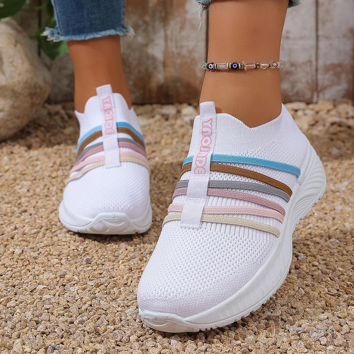 Damen-Slip-On-Freizeitsneaker, atmungsaktives Mesh, rosa gestreifte Tennisschuhe, leichte, bequeme Laufschuhe Image