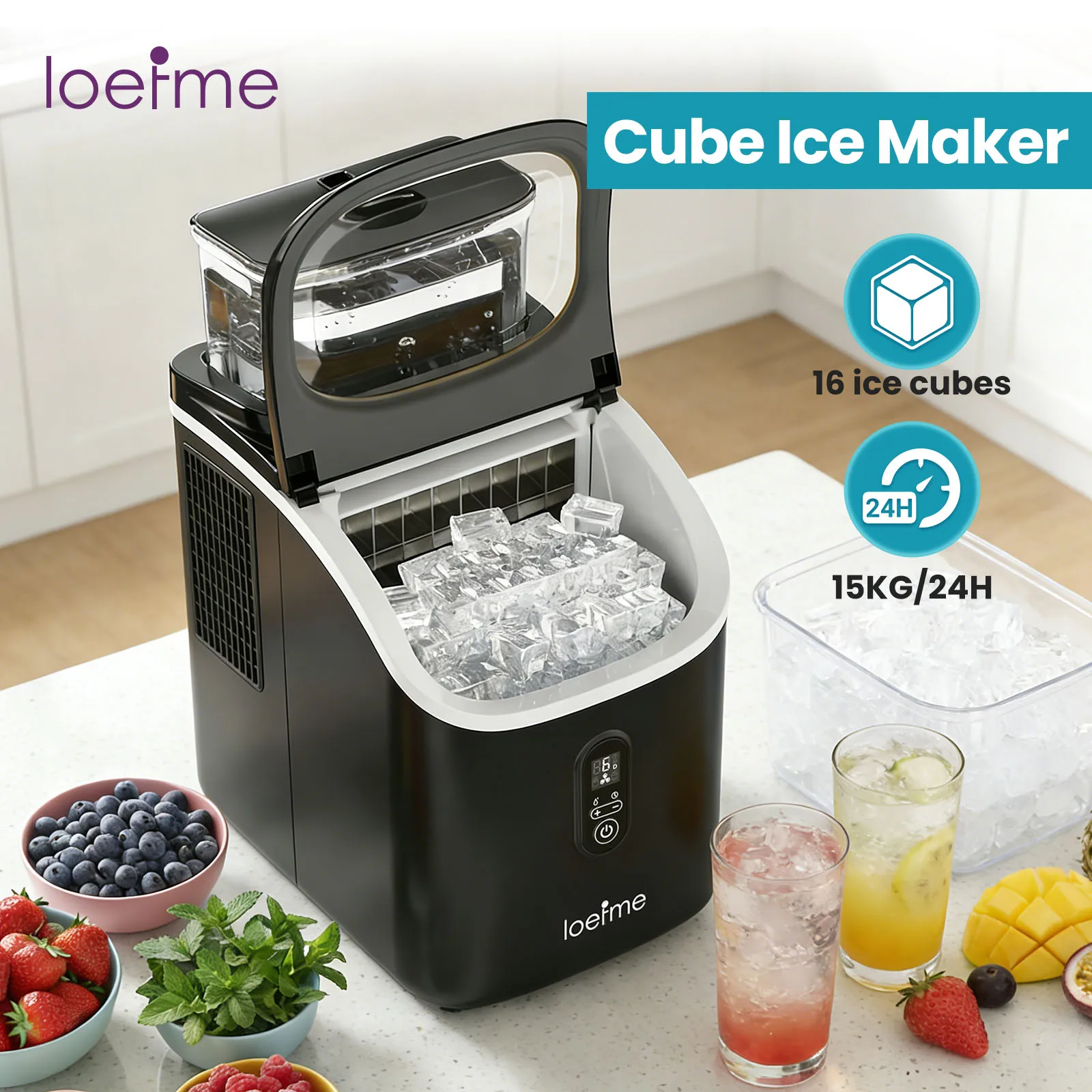 LOEFME 1,5L Tragbare Eismaschine 15kg/Tag 16 Eiswürfel mit Schaufel Theken-Eismaschine für Zuhause Küche Bar Party Wohnmobil Camping Image