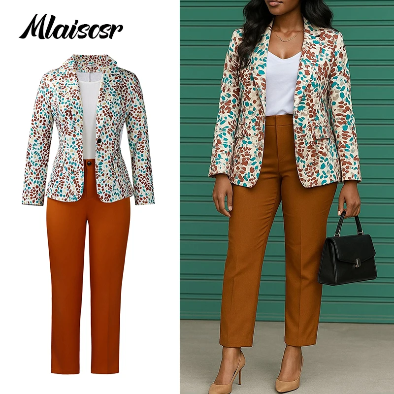 Mlaiscsr Fashion Print 2 pezzi Blazer Abiti da donna Risvolto Giacca a maniche lunghe Blazer Pant Set Elegante Office Lady 2 pezzi Abiti