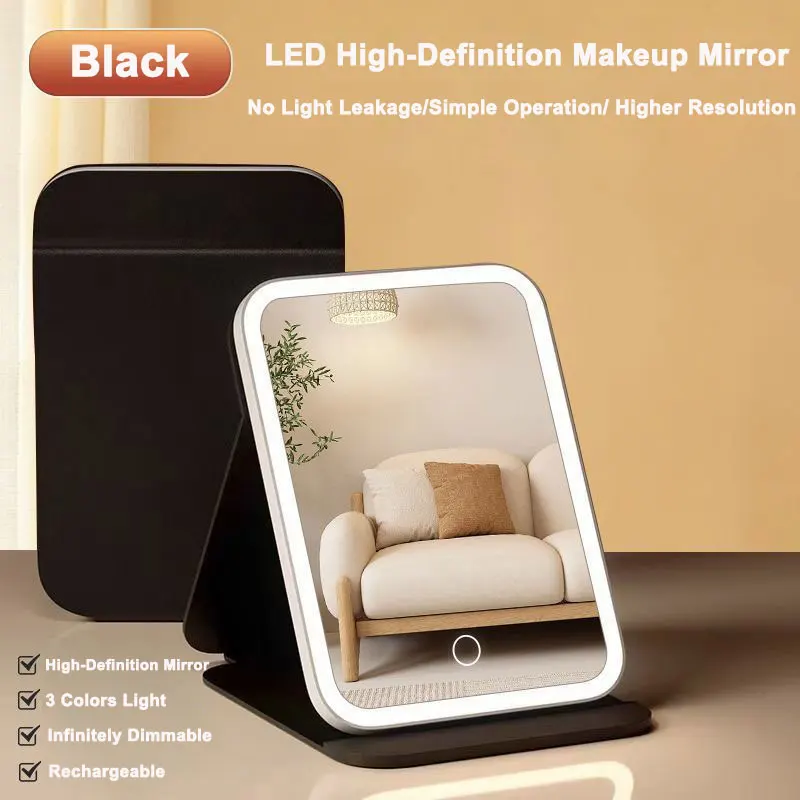 3-Farben-LED-Kosmetikspiegel mit Leder-Touchscreen, wiederaufladbar über USB, dimmbarer Make-up-Spiegel mit 3 Helligkeiten, faltbar
