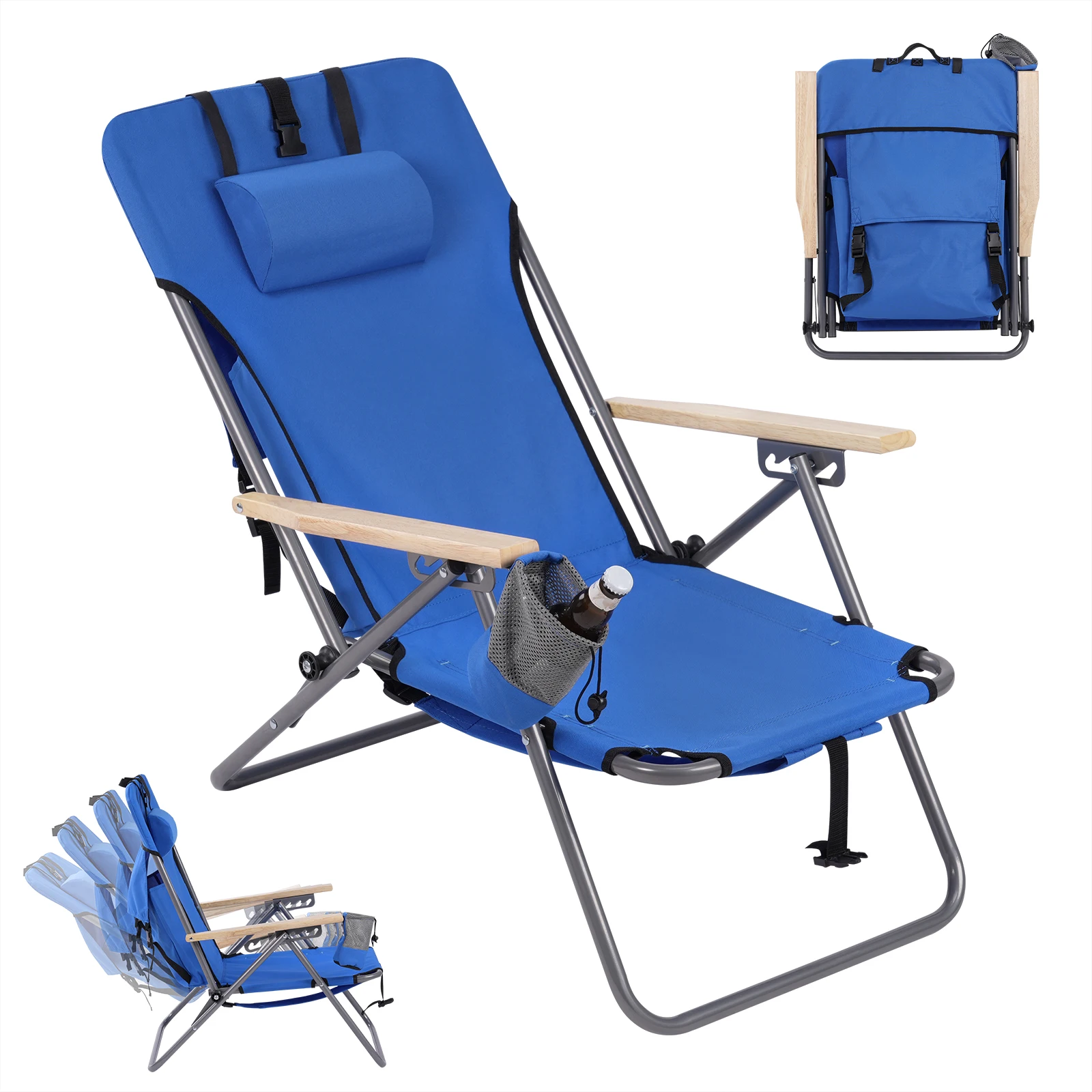 WOLTU Klappbarer Campingstuhl, leichter, tragbarer Strandstuhl mit Armlehne, verstellbarer Rückenlehne, abnehmbarer Kopfstütze, Angelstuhl