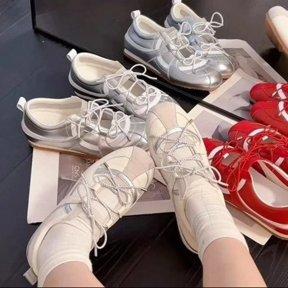 Frauen Silber Einzelne Schuhe Casual Sport Ballett Schuhe Echtes Leder Design Süße Schwester Mary Jane Ballett Training Schuhe