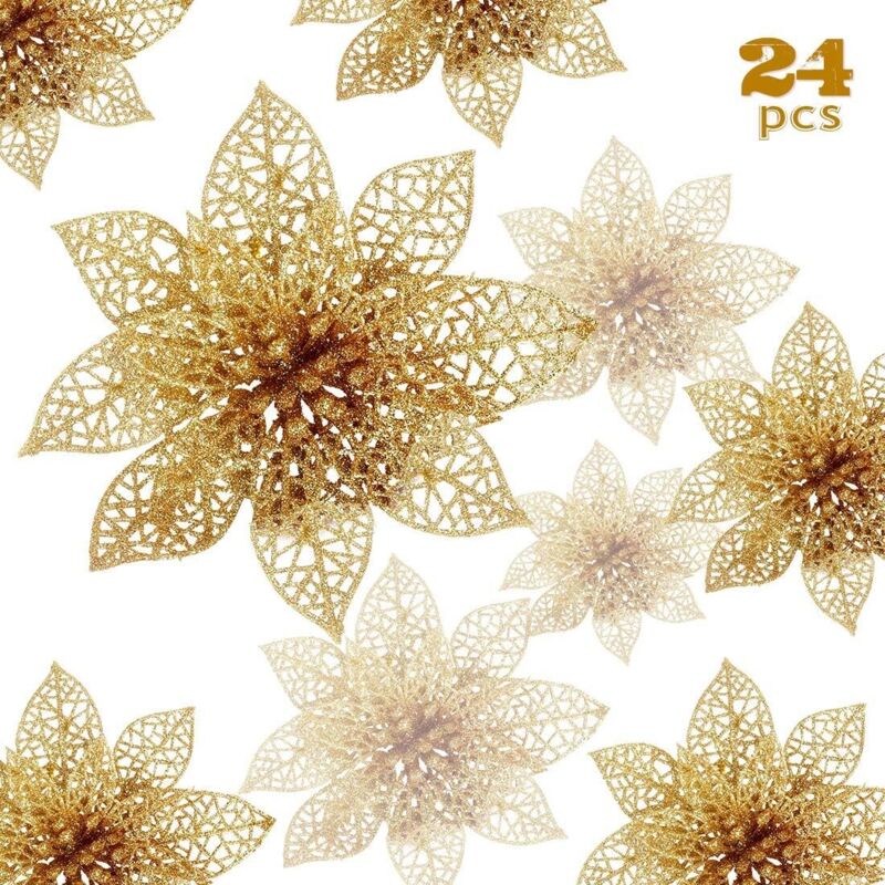 Fiori Di Natale, 24 Pezzi Di Fiori Di Natale Glitterati, Fiori Di Natale Cavi Glitterati, Decorazioni Artificiali Per Albero Di Natale Con Stella Di Natale, Decorazioni Per Matrimoni, Feste, Natale (o