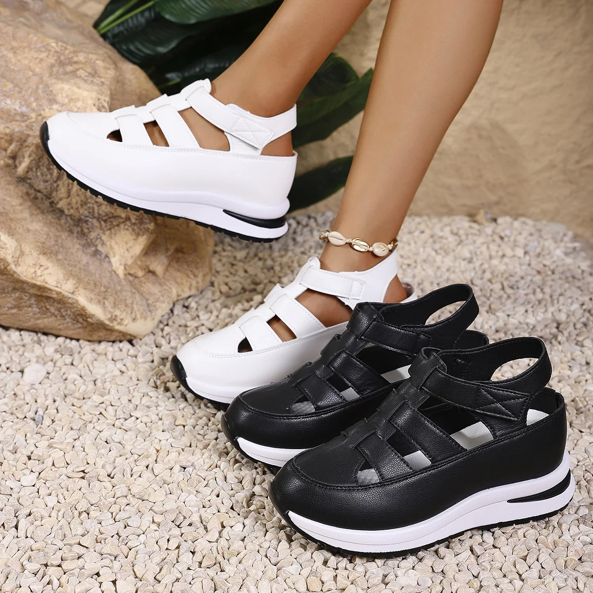 Frauen Schuhe Schnalle Sandalen Closed Toe Hohl Römischen Schuh Sommer Solide Plus Größe Sandalen Plattform Keile Weibliche Casual Schuhe