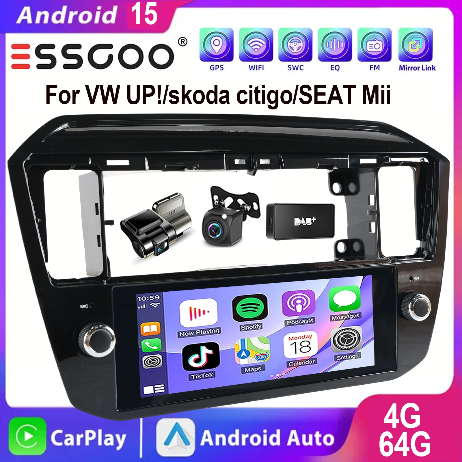 ESSGOO Kabellos Carplay Android auto 6.86 Zoll IPS-Touchscreen-Display Für VW UP E-UP Seat Mii E-Mii Skoda E-citigo Android 15 Autoradio GPS-Navigation WLAN SWC RDS FM BT Mirror link ASP Sound Image