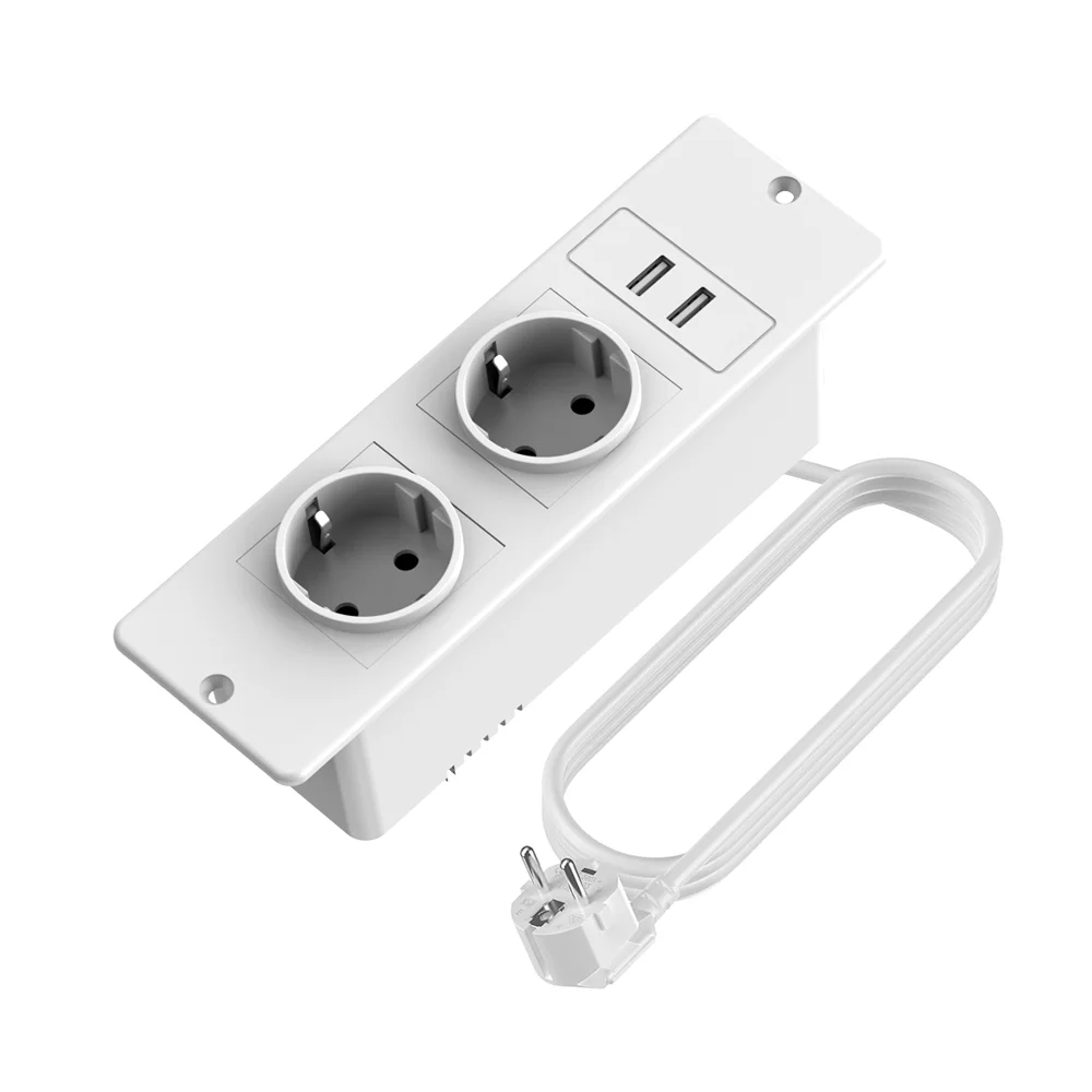 EU Weiße Einbau-Steckdosenleiste mit 2 USB-A-Anschlüssen, integrierte Steckdose, Mehrfachsteckdose, Verlängerungskabel für Schreibtisch, Küche, Arbeitsplatte, Möbel Image
