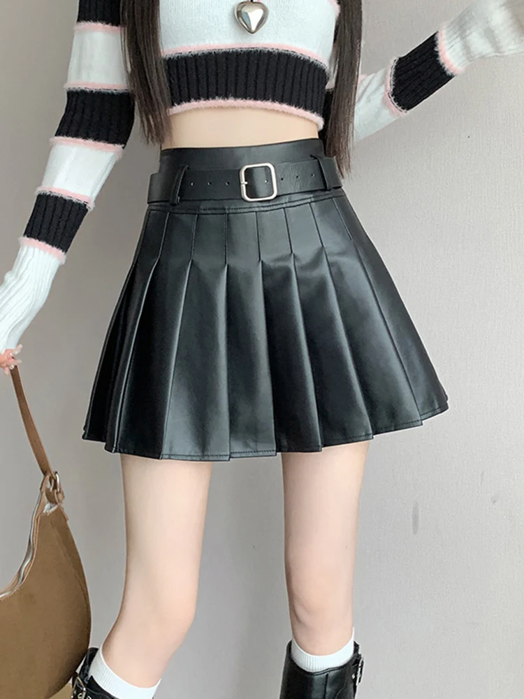 Braun Schwarz Winter Mini Leder Rock Frauen Mode Streetwear Hohe Taille Skater Faltenröcke Mit Shorts A-linie Jupe Plissée