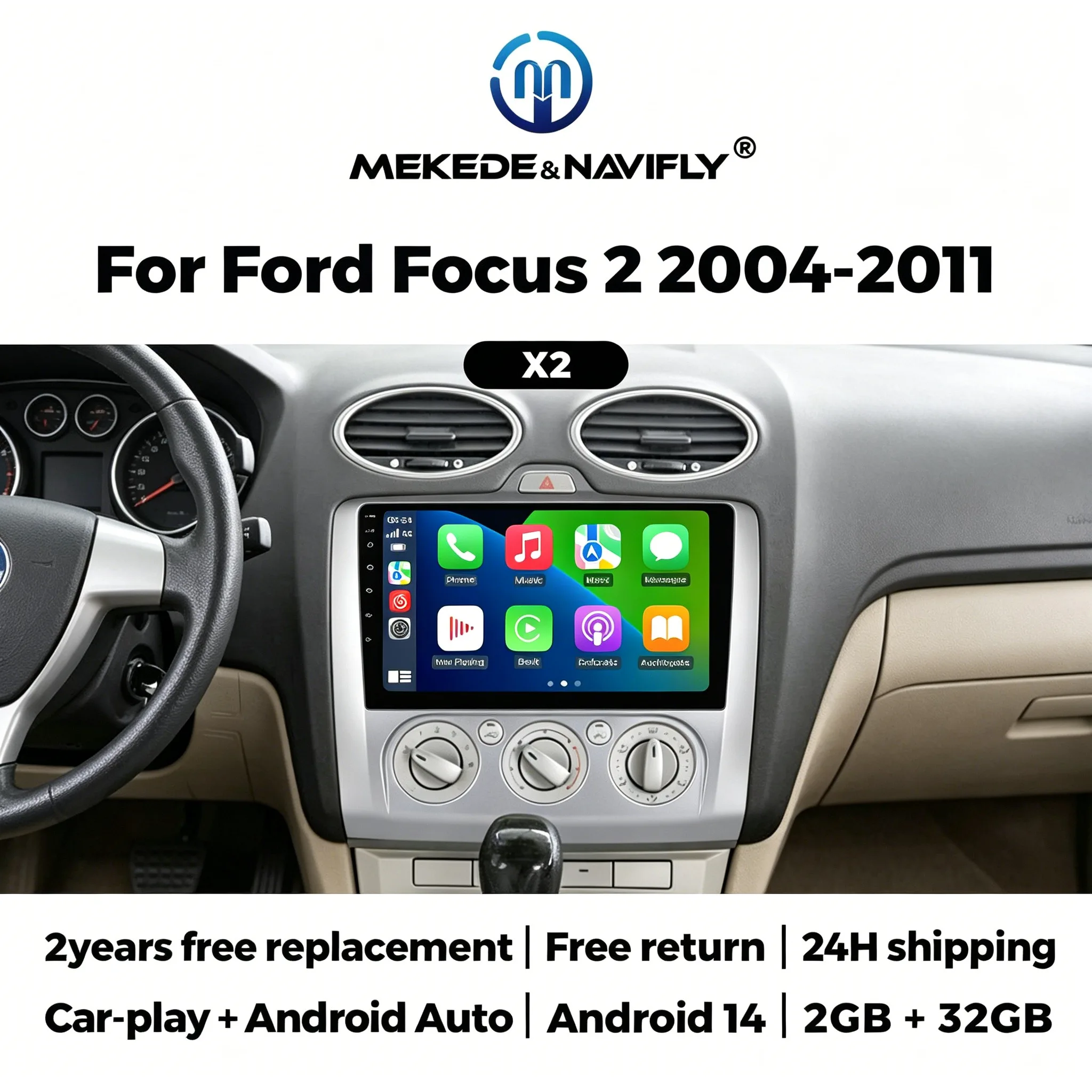 2026 NEUES Autoradio Stereo Kabelloses CarPlay Display Android Auto GPS für Ford Focus 2 Mk2 2004 - 2011 Multimedia-Videoplayer RDS Image