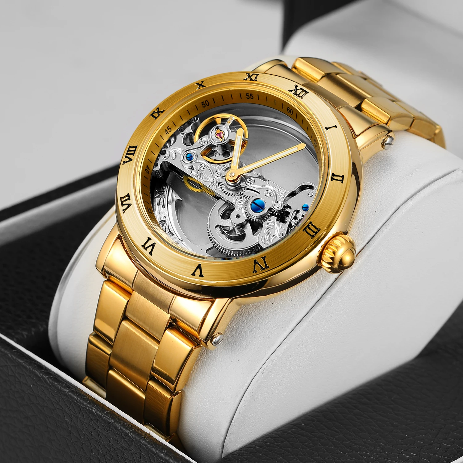 Forsining Gold Bridge Skelett Automatikuhr für Herren Leuchtende Zeiger Edelstahl Lederarmband Luxus Mechanische Uhren Image