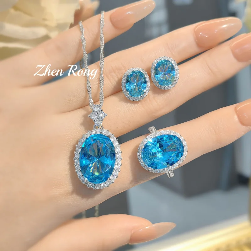Foyejev luxuriöses, oval geschliffenes, eisblau-rosa Zirkonia-Schmuckset mit Anhänger, Halskette, Ohrringen und Ring (für La)