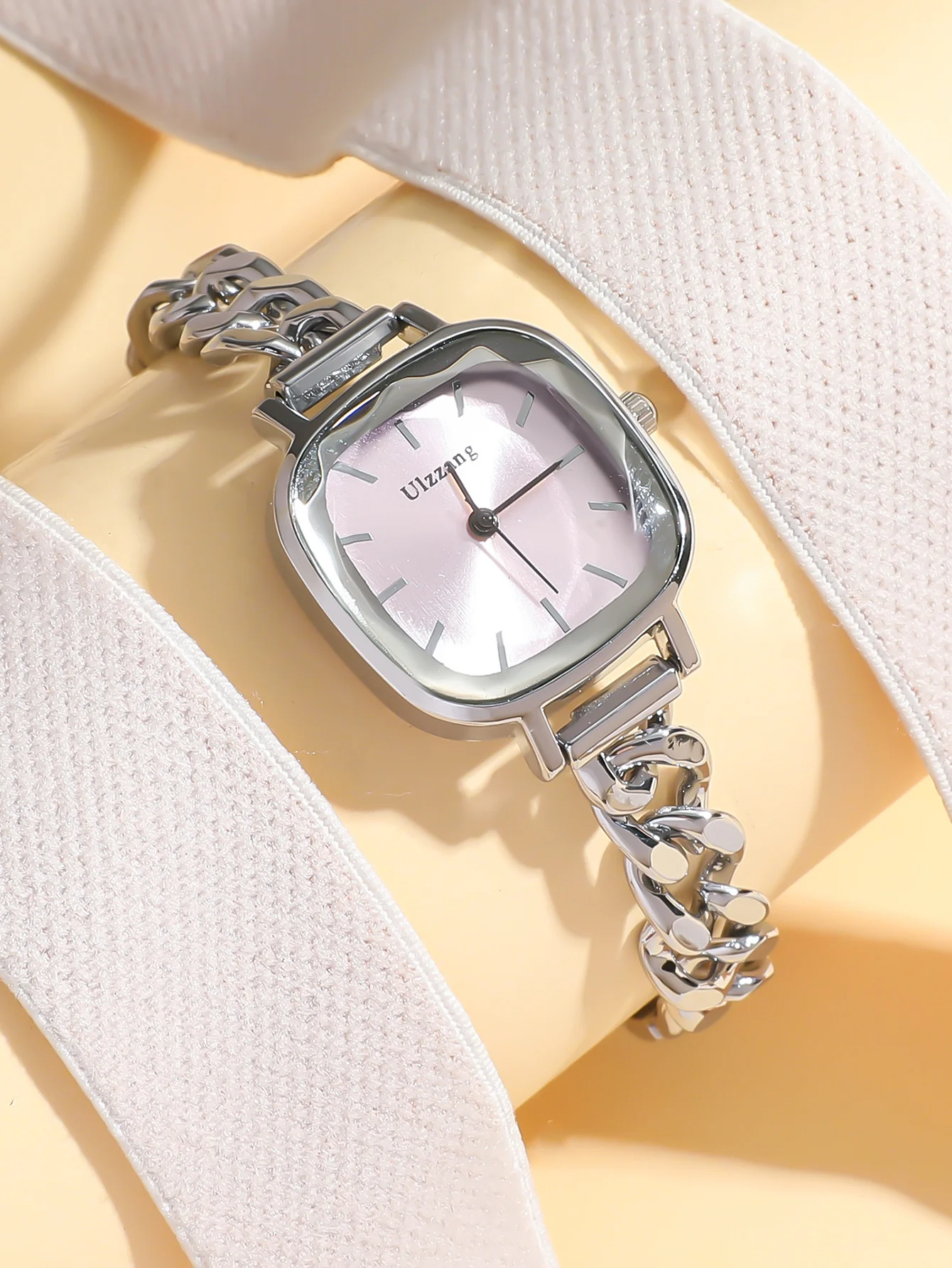 Schicke Damenuhr mit quadratischem rosa Zifferblatt – silbernes Kettenarmband, minimalistische Armbanduhr im Uzzang-Stil, süße, elegante Kleideruhr für Damen