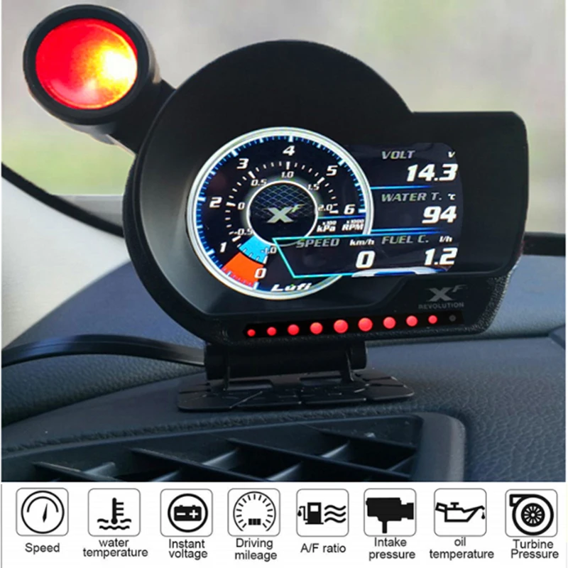 LUFI XF OBD2 Digitales Turbo-Boost-Öldruck- und Temperaturmessgerät für Autos, AFR, Drehzahl, Kraftstoffstand, Geschwindigkeit, EXT-Ölmesser, englische Version Image