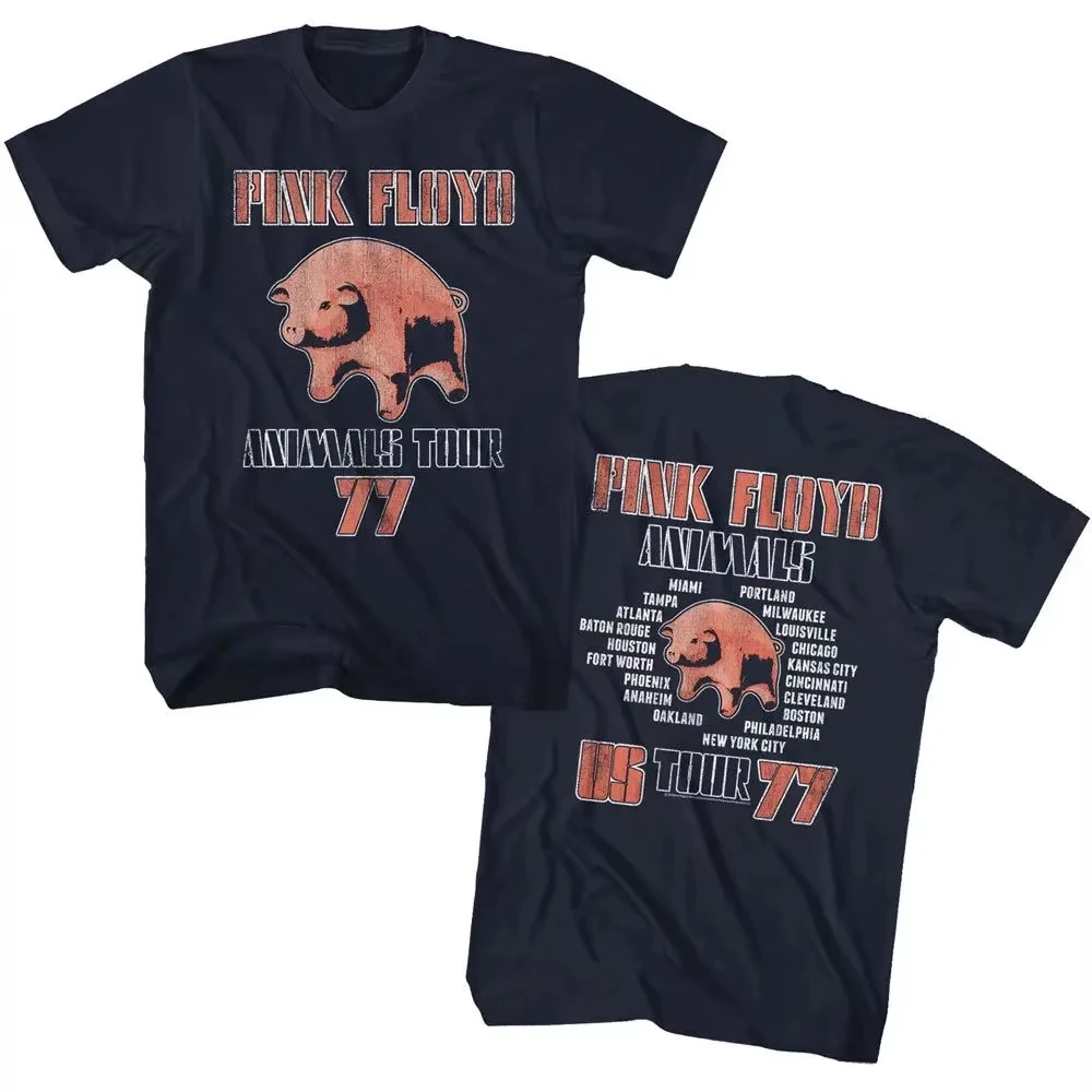 90er Vintage Rock Top Pink Floyd T-Shirt Animals Tour 1977 Marineblau T-Shirt Baumwolle Grafik-Tees Vintage-Print Sommer Neues T-Shirt