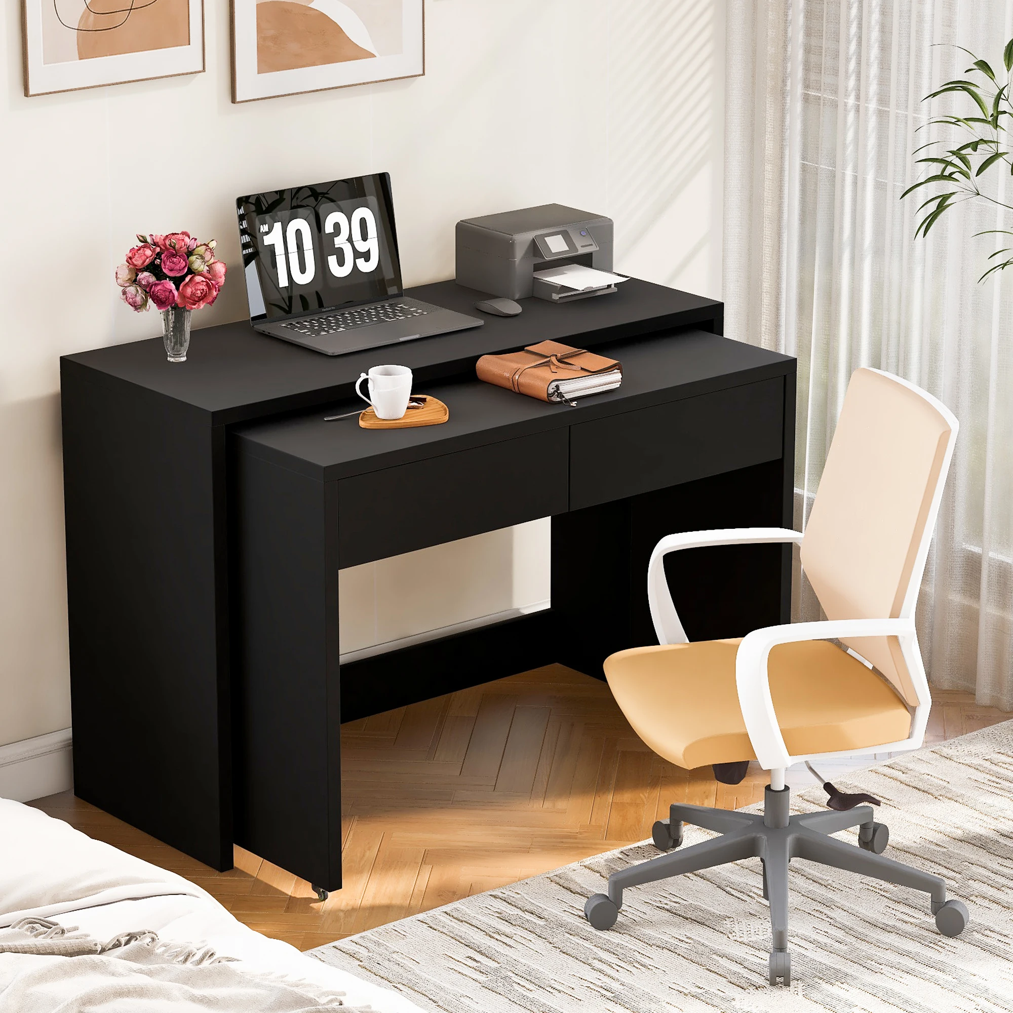 Regal-Schreibtisch + Kommode – 2-in-1-Kompaktschreibtisch, ausziehbar, der gesamte Tisch besteht aus 1,8 cm dickem Holz, ausgestattet mit