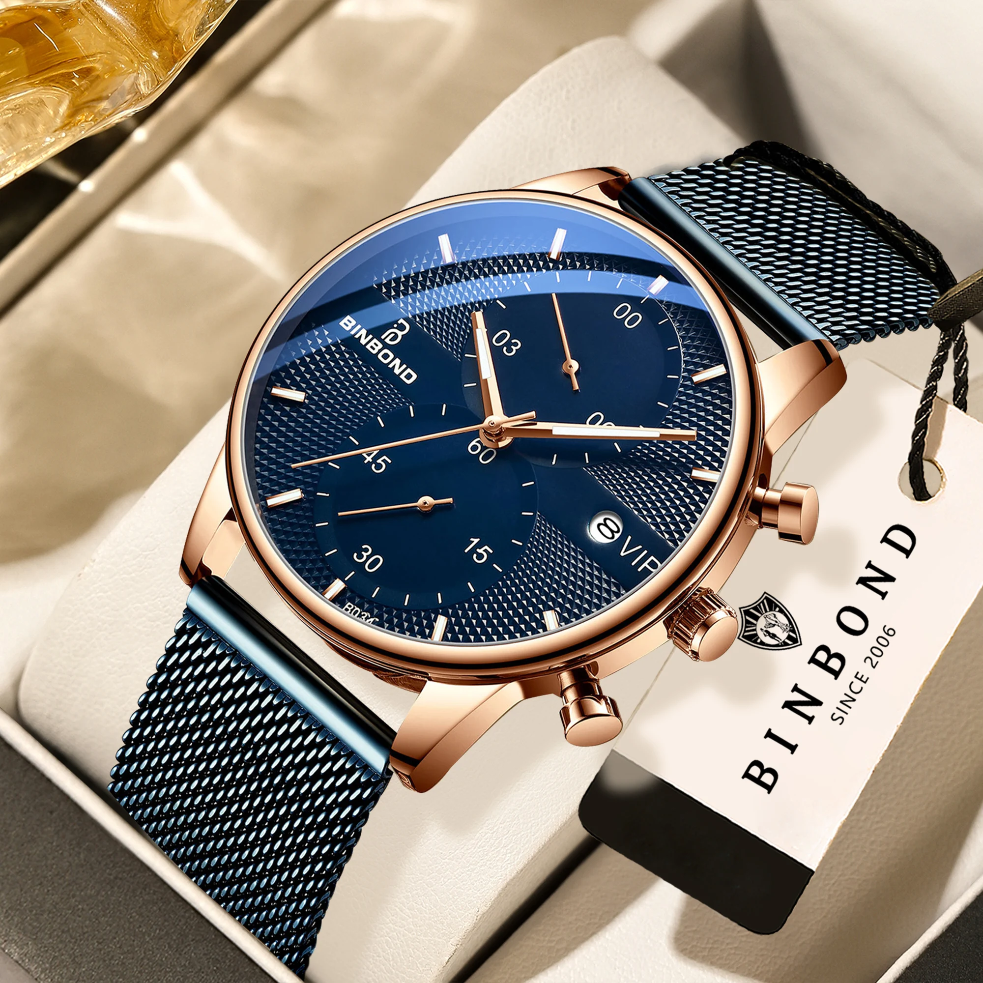 BINBOND Quarz-Armbanduhren für Herren, luxuriös, präzise, leuchtend, wasserdicht, automatischer Datumsanzeiger, Chronograph, robuste Herrenuhr, Uhr, reloj Image