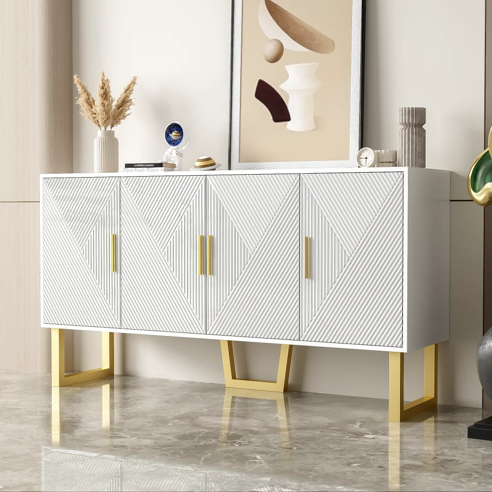 Credenza Bianca Lucida 150cm con 4 Ante, Maniglie Dorate, Ripiani Regolabili, Mobile Moderno di Lusso