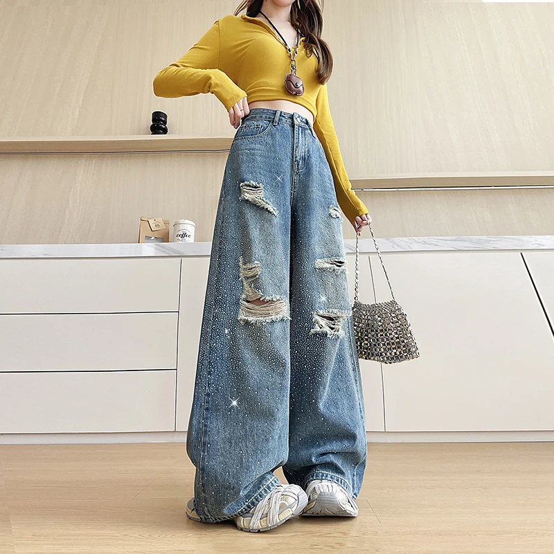 Jeans da Donna Y2K Retrò, Nuova Tendenza Moda Primavera, Denim Scintillante con Design a Gamba Larga e Fori, Jeans Glitterati da Donna