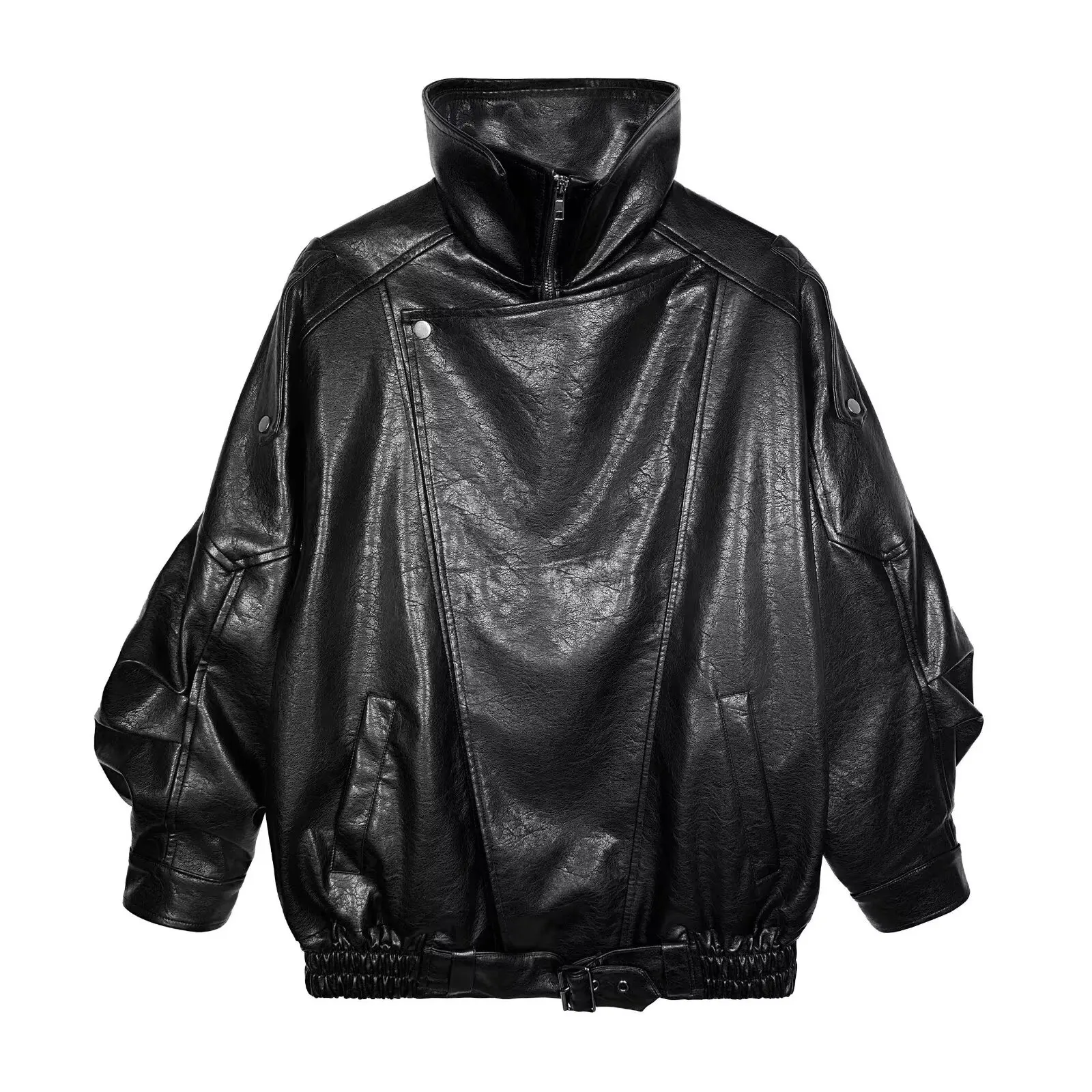 Veste en cuir à col montant pour hommes, ample, manches longues, poches zippées, manteaux chics pour femmes, vêtements d'extérieur pour dames, automne hiver 2025