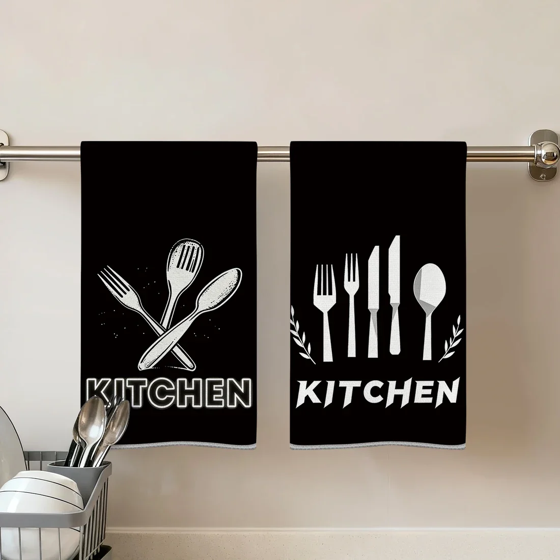 2 Pcs Kitchen Utensils Printed Kitchen Towel, Polyester Terry Cloth Absorbent Hand Towel For Kitchen Bathroom Home Decor