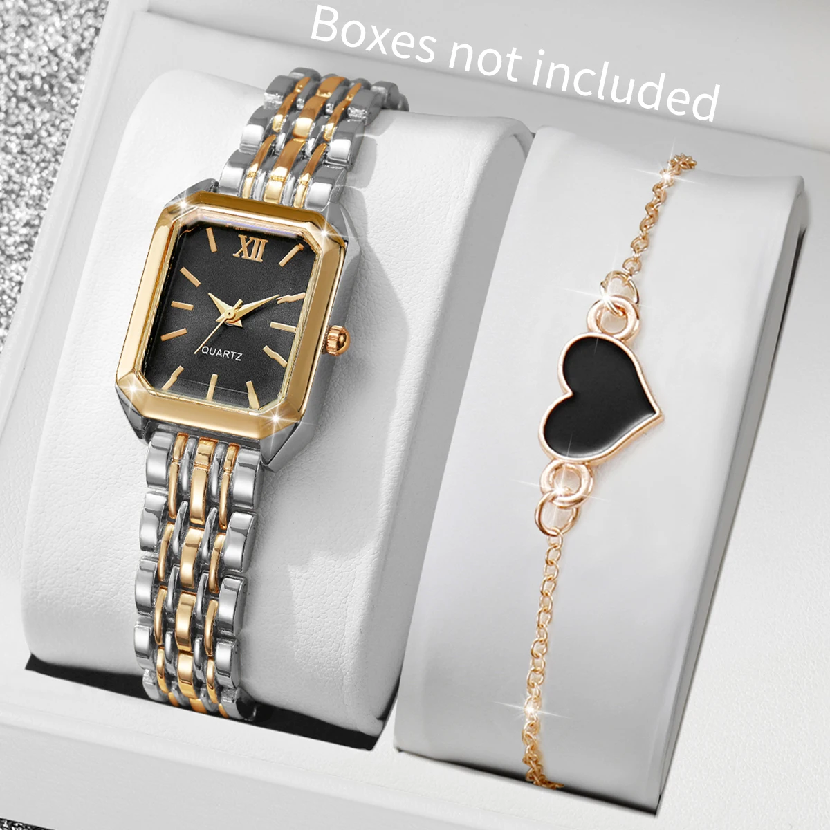 2-teiliges Modisches Gold-Mix Damen Quarz-Uhren-Set mit Herz-Armband Rechteckige Roma-Zifferblatt Armbanduhr Reloj Mujer (Ohne Box) Image