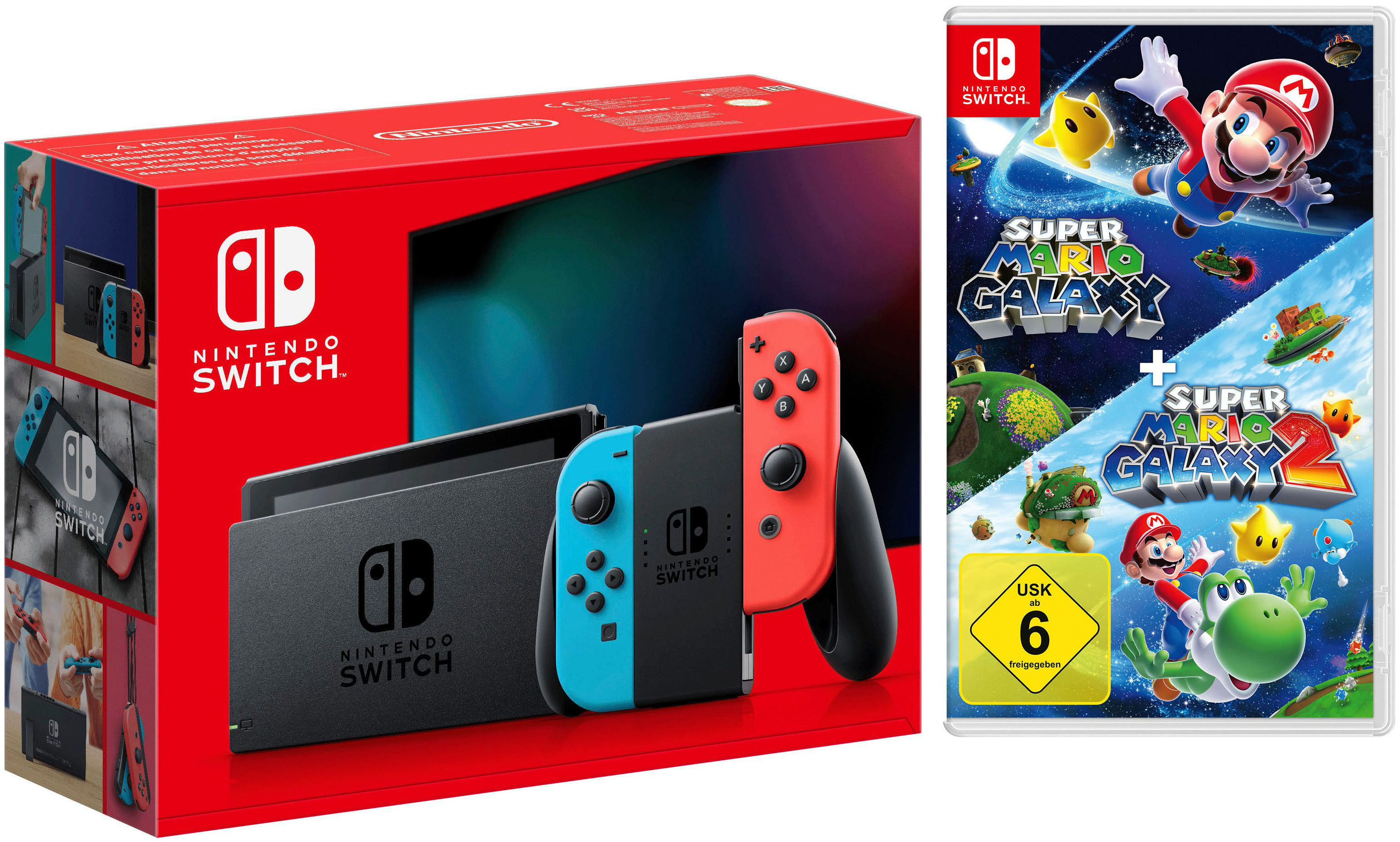 NINTENDO SWITCH Konsolen-Set "Switch + Super Mario Galaxy + Super Mario Galaxy 2", rot (neonrot, neonblau), B:23,9cm H:10,2cm T:1,39cm, Spielekonsolen
