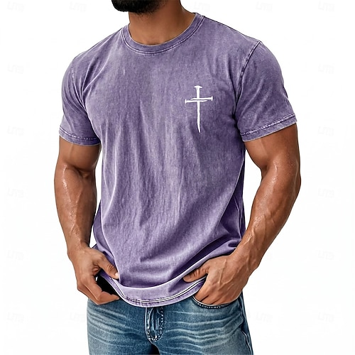 Vintage-T-Shirt für Herren mit Kreuz- und Bibelmotiv, grau, Acid-Wash-Optik, Kurzarm, Rundhalsausschnitt, christliches Geschenk für ihn, Designer-Kleidung Image