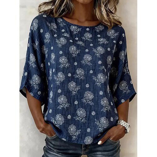 Damen Bluse Druck Blumen Grafik Pflanzen Bohemien Tropisch Stilvoll Dreiviertelarm Halbarm Rundhalsausschnitt Normale Oberteile Täglich Urlaubskleidung Blau Weiß Grün Sommer Frühling Image