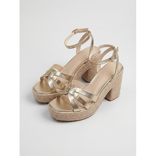 Elegante goldene Riemchensandalen für Damen – bequeme Espadrilles mit Blockabsatz für Hochzeiten im Freien und Sommerurlaube Luxus-Strandresorts Image