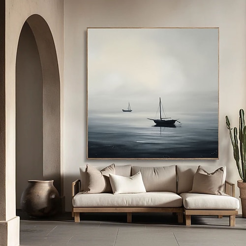 Nebliger Horizont mit Segelbooten, nautische Wandkunst, ruhige Meereslandschaft, maritime Vintage-Dekoration, Segelbootlandschaftsgemälde Image