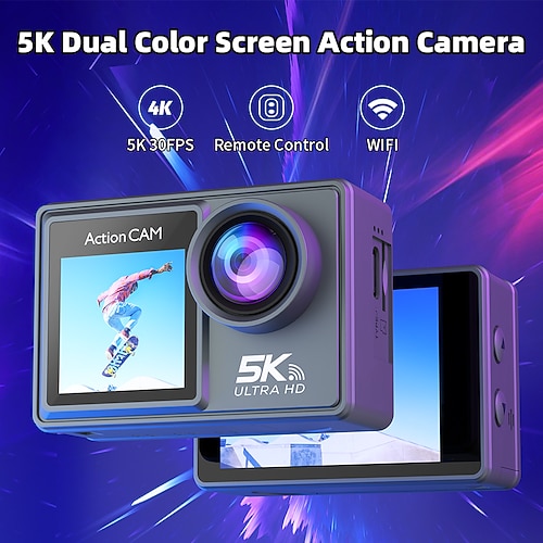 5K-Actionkamera, 5K-Ultra-HD-Sportkamera mit 30 Bildern pro Sekunde, Dual-Farbdisplay, WLAN-fähig, wasserdicht, mit Fernbedienung, Bildstabilisierung (EIS), 170°-Weitwinkel-Vlog-Kamera für Tauchen, Image